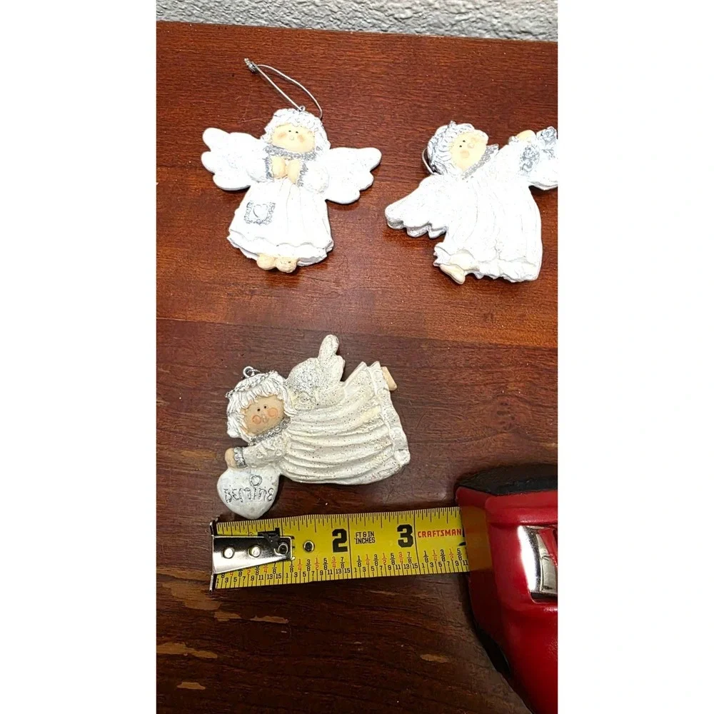 Set Of 3 Hand-Painted Ceramic Angel Christmas Ornaments Glitter Accents & Silver